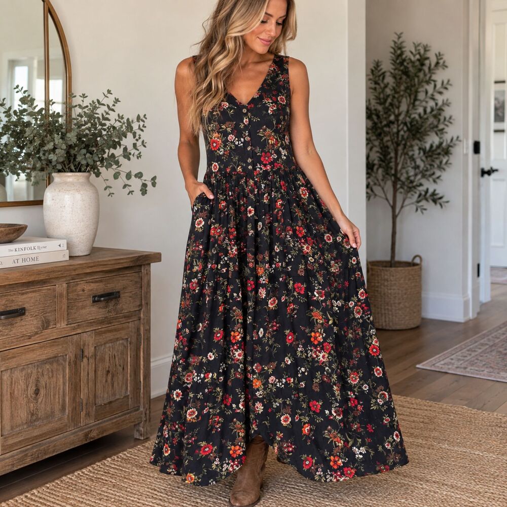 Vintage 90s Katy D Kathryn Deene 14/16 Black Floral Rayon Maxi Dress Cottagecore